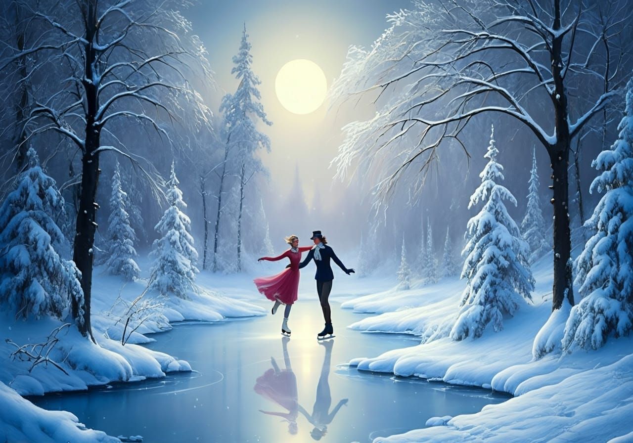 Moonlit Ice-skaters in a Winter Wonderland