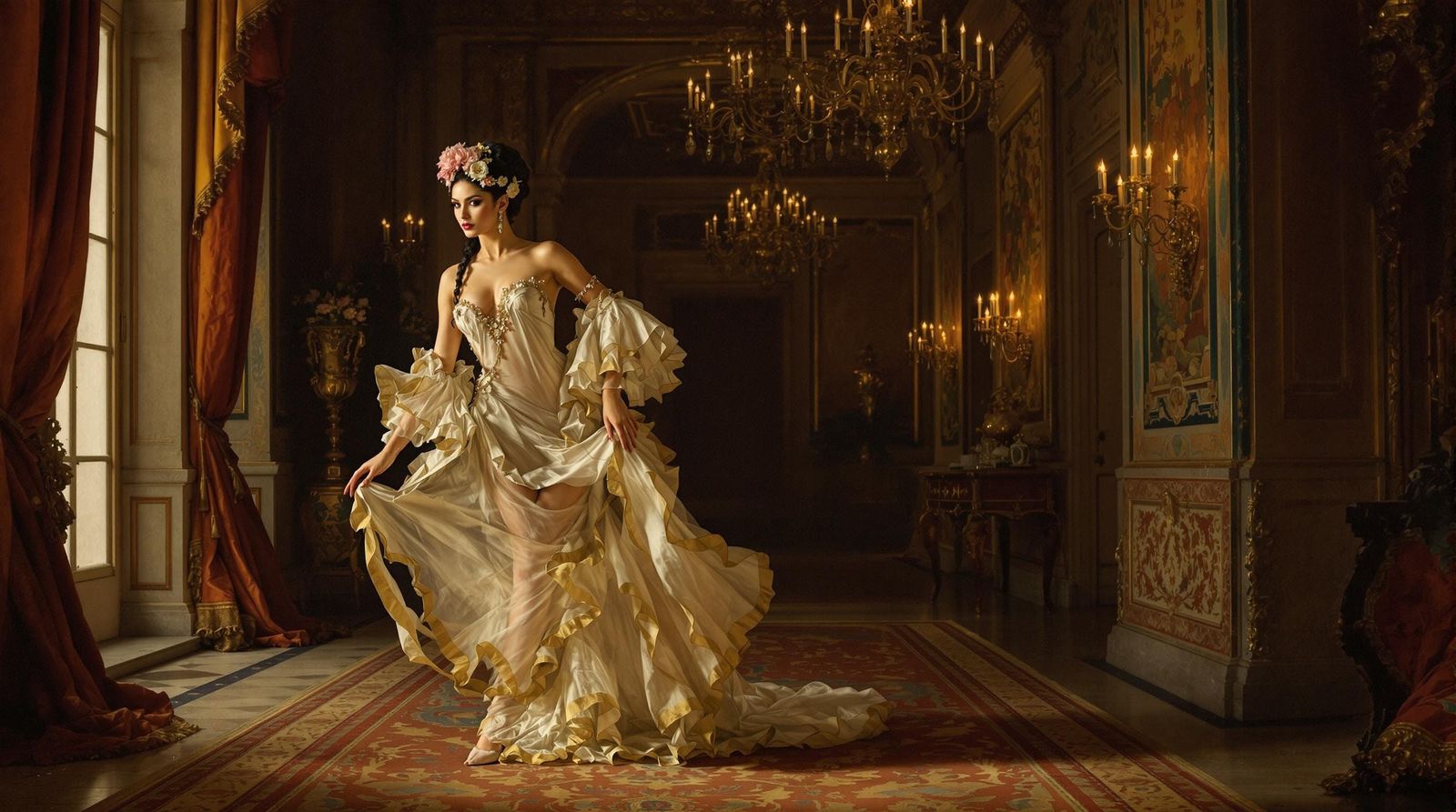Confident Dancer in Opulent Mansion Hallway