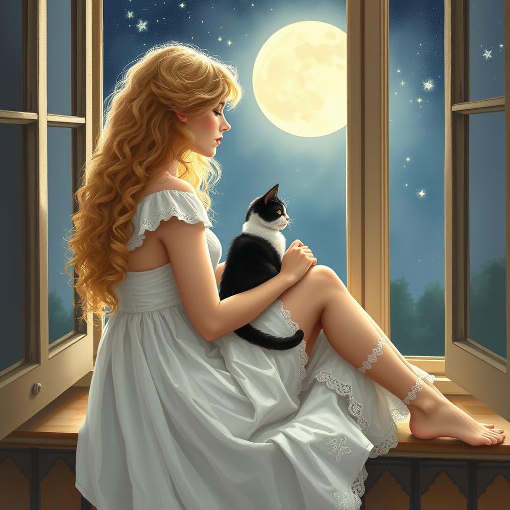 Enchanting Woman and Cat in Whimsical Window Scene