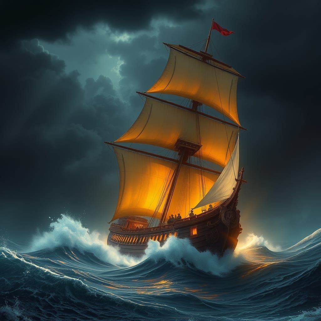 Ancient Sailing Vessel Battles Turbulent Tempest in Golden L...