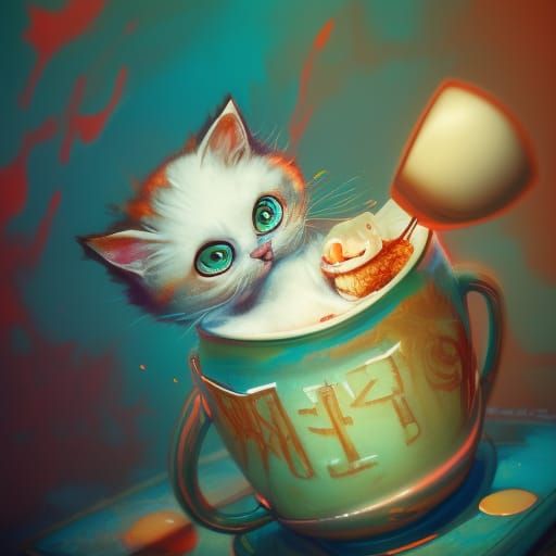 Kitten in Coffee Cup Digital Illustration