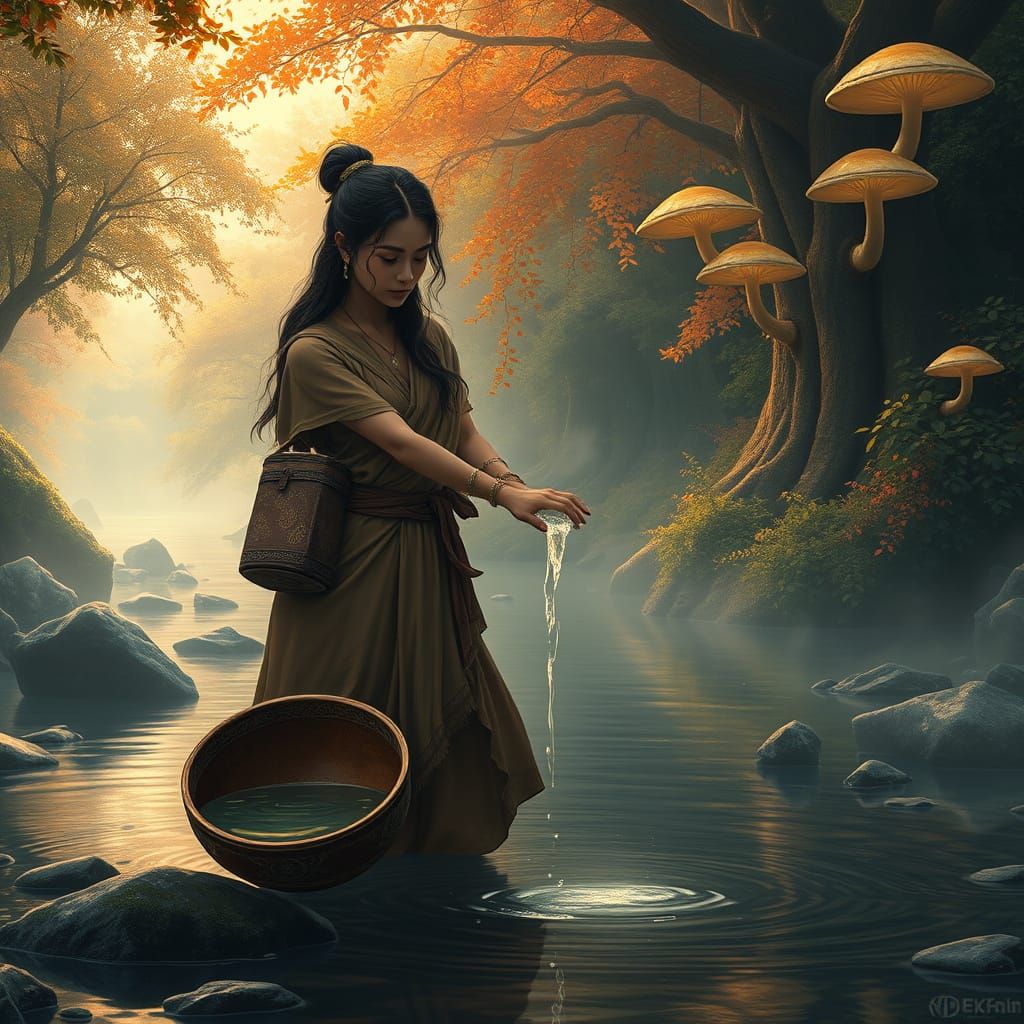 Fantastical Village Maiden Collects Water in a Serene River ...