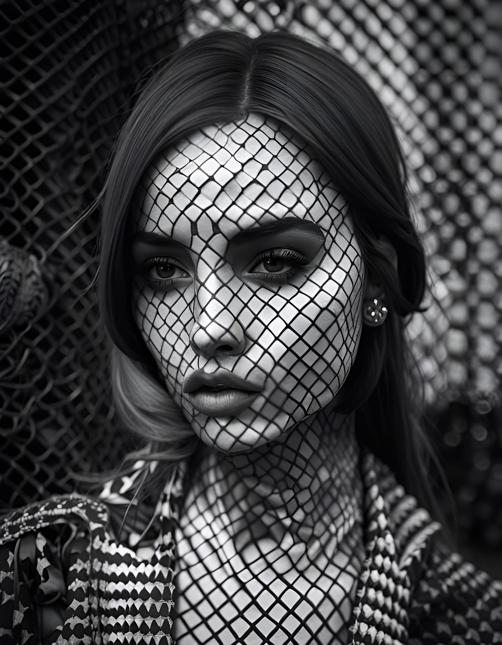 Checkerboard Woman Portrait in Pastel Line Art