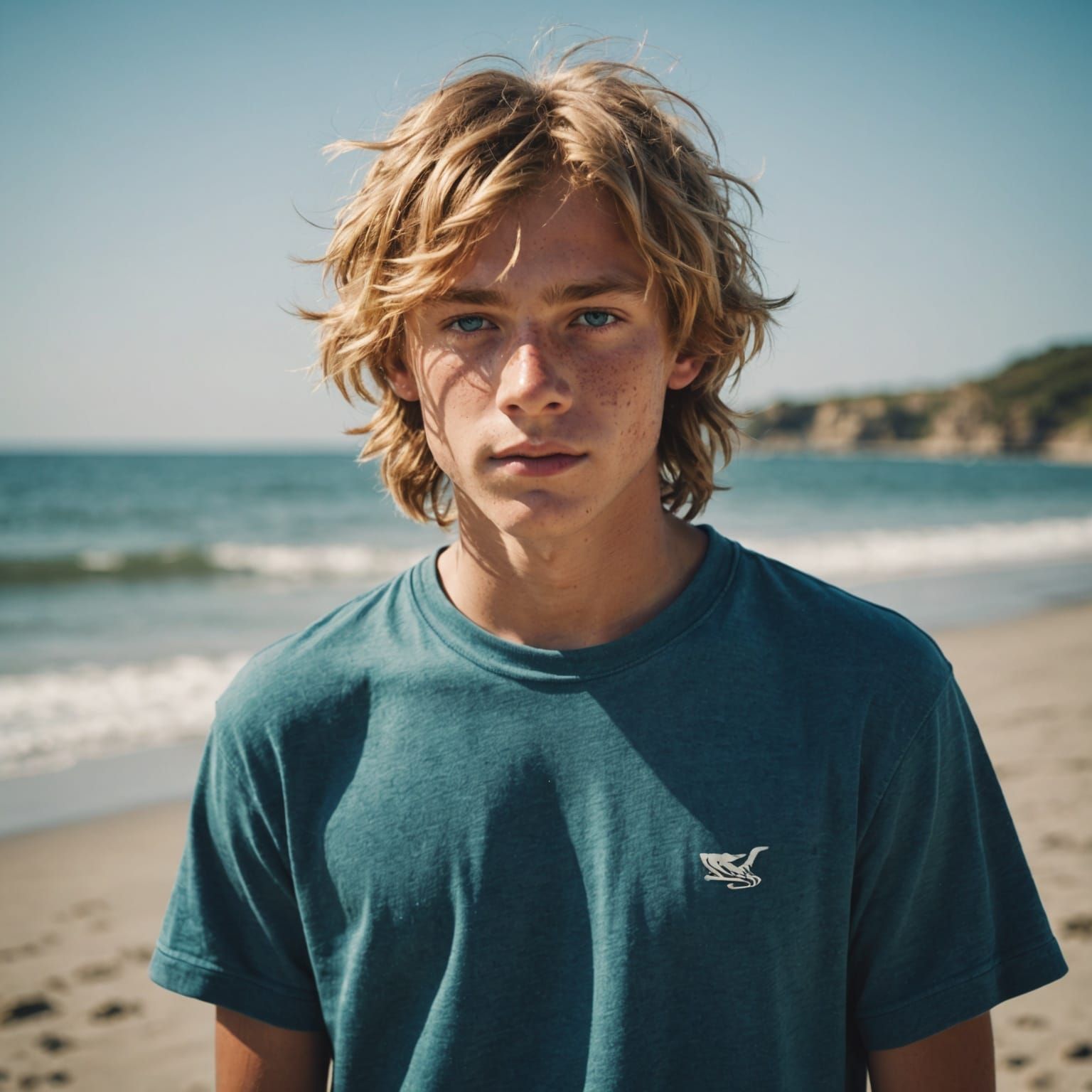 Teenage Boy with Blond Hair on Sunny Beach