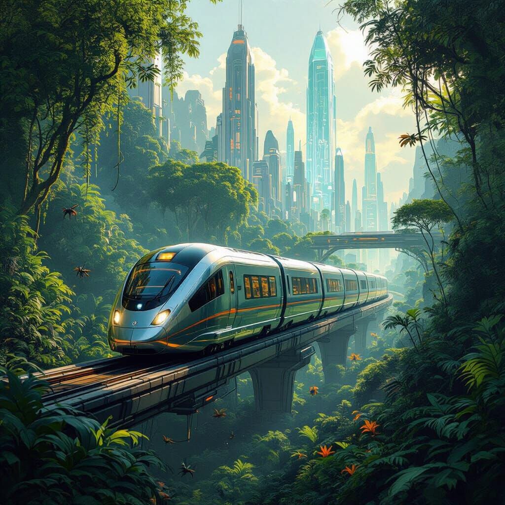 Futuristic Train Station Amidst Alien Jungle
