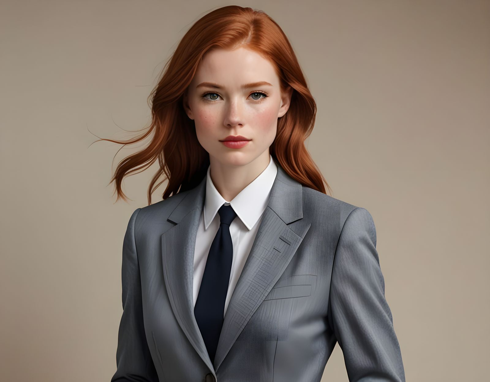 Elegant Redhead in Suit: Clean, Preppy, Realistic