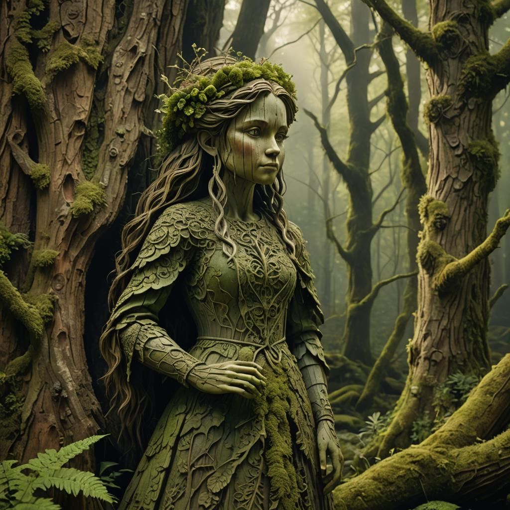 Intricately Carved Wooden Girl in Forest