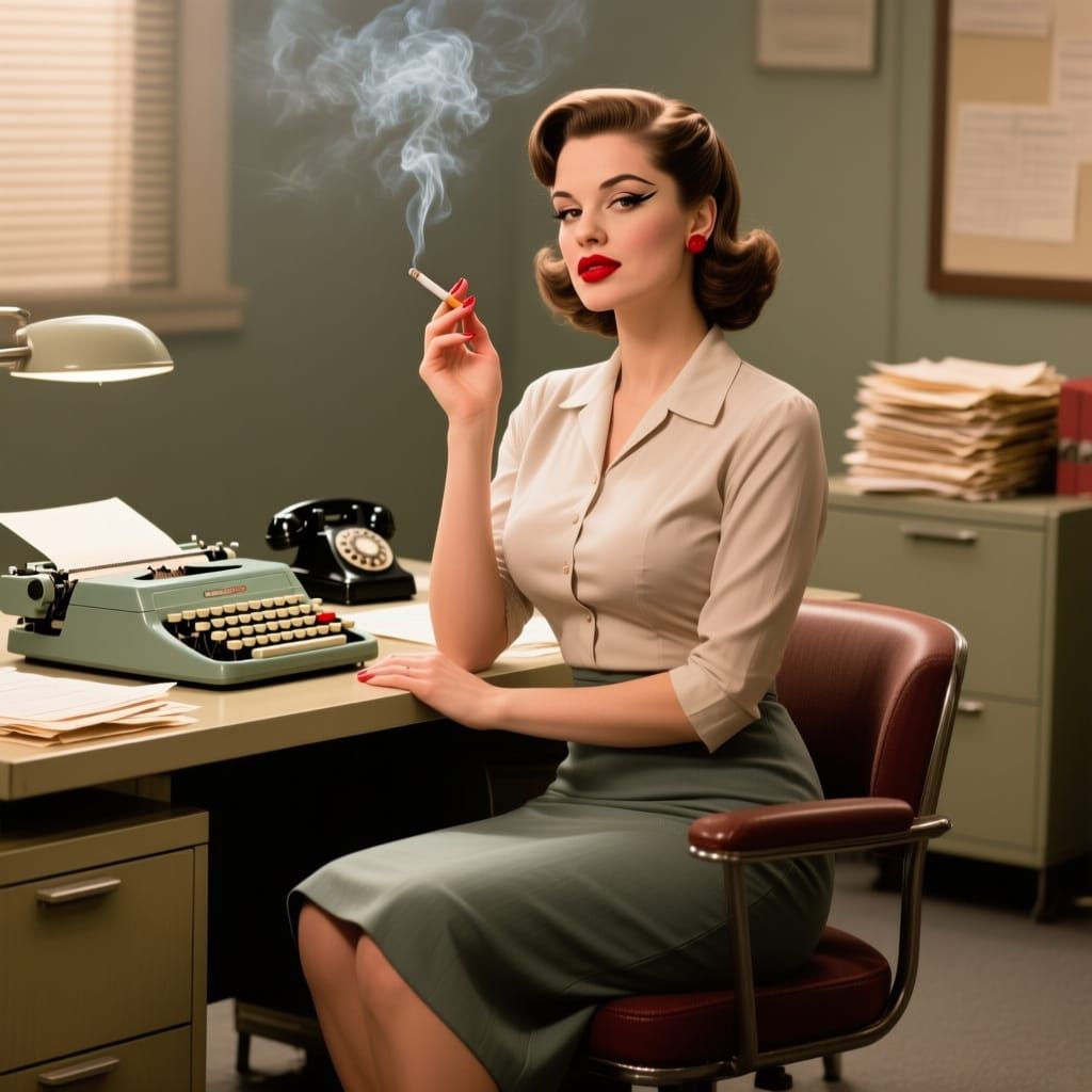 1950s Secretary with Flirty Expression in Retro Office