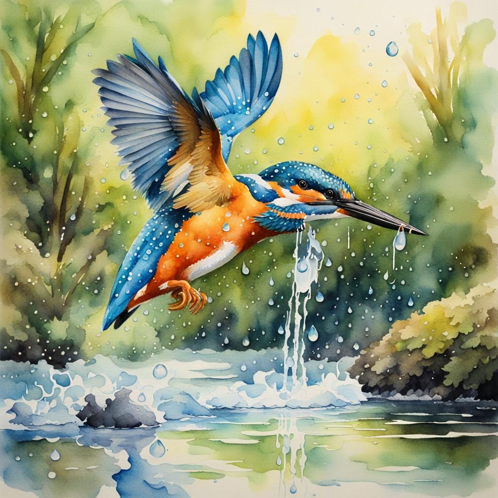 Kingfisher Captures Fish: Vivid Watercolor Painting