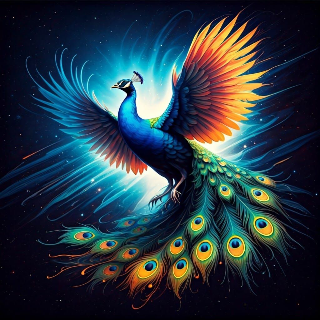 Vibrant Cosmic Peacock in Astral Vortex