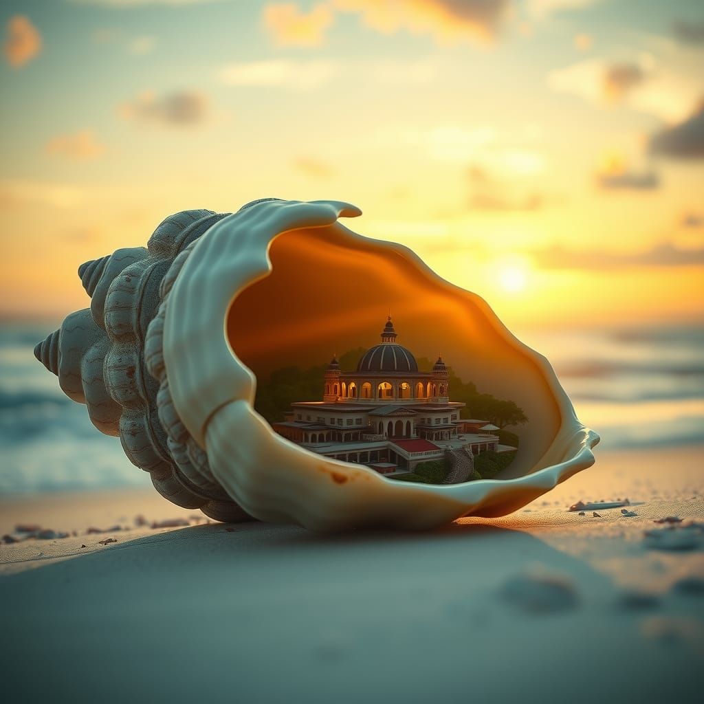 Seashell Village: Hyperrealistic Beach Scene