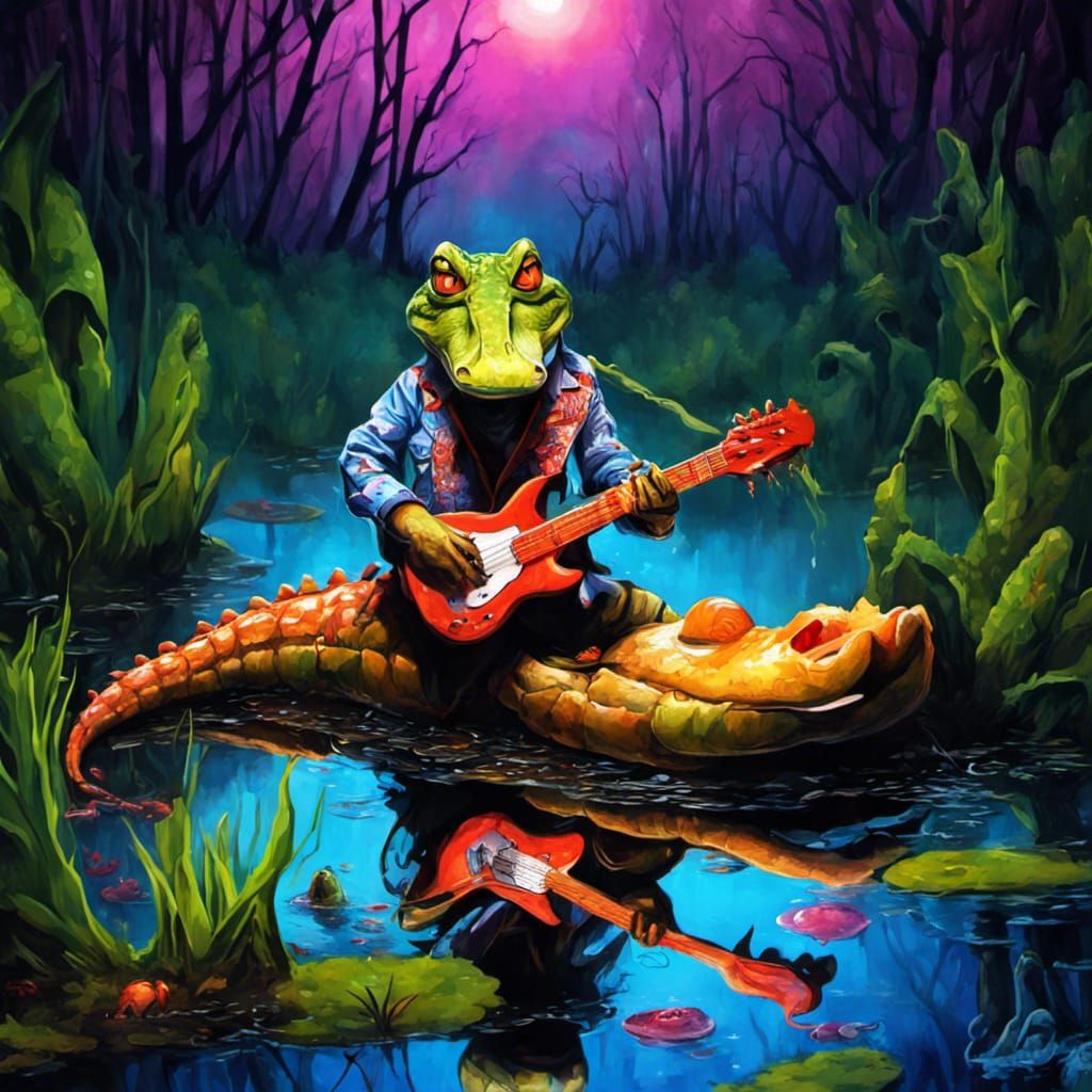 Spooky Alligator Plays Bouzouki in Graffiti Art