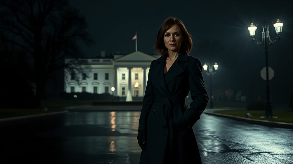 Woman in Trench Coat at White House at Night