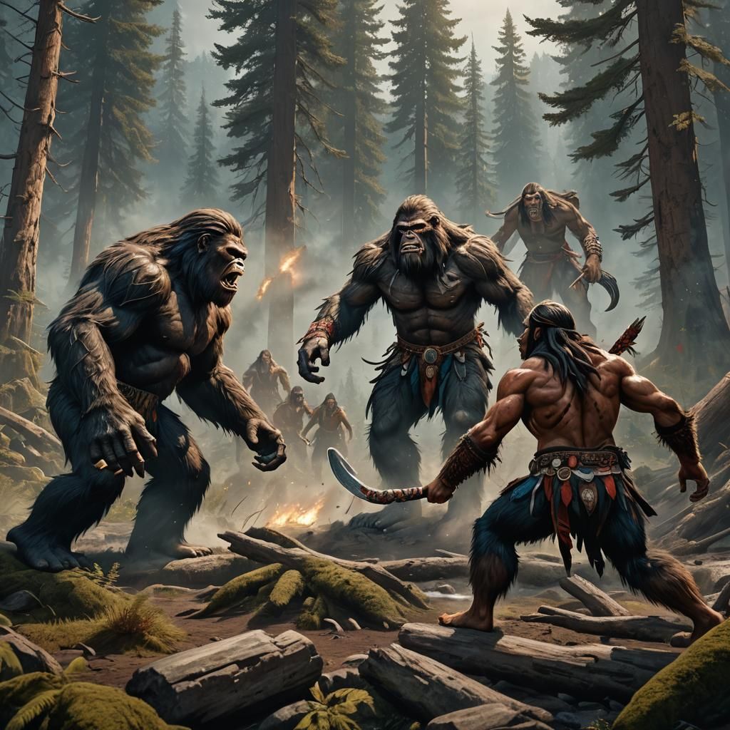 Bigfoot vs Native Americans: Fantasy Battle Scene