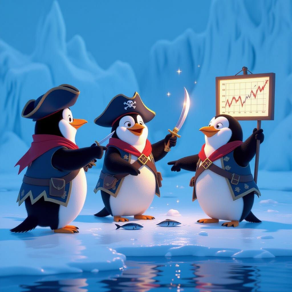 Penguins in Pirate Costumes Trade Stocks on Ice Floe