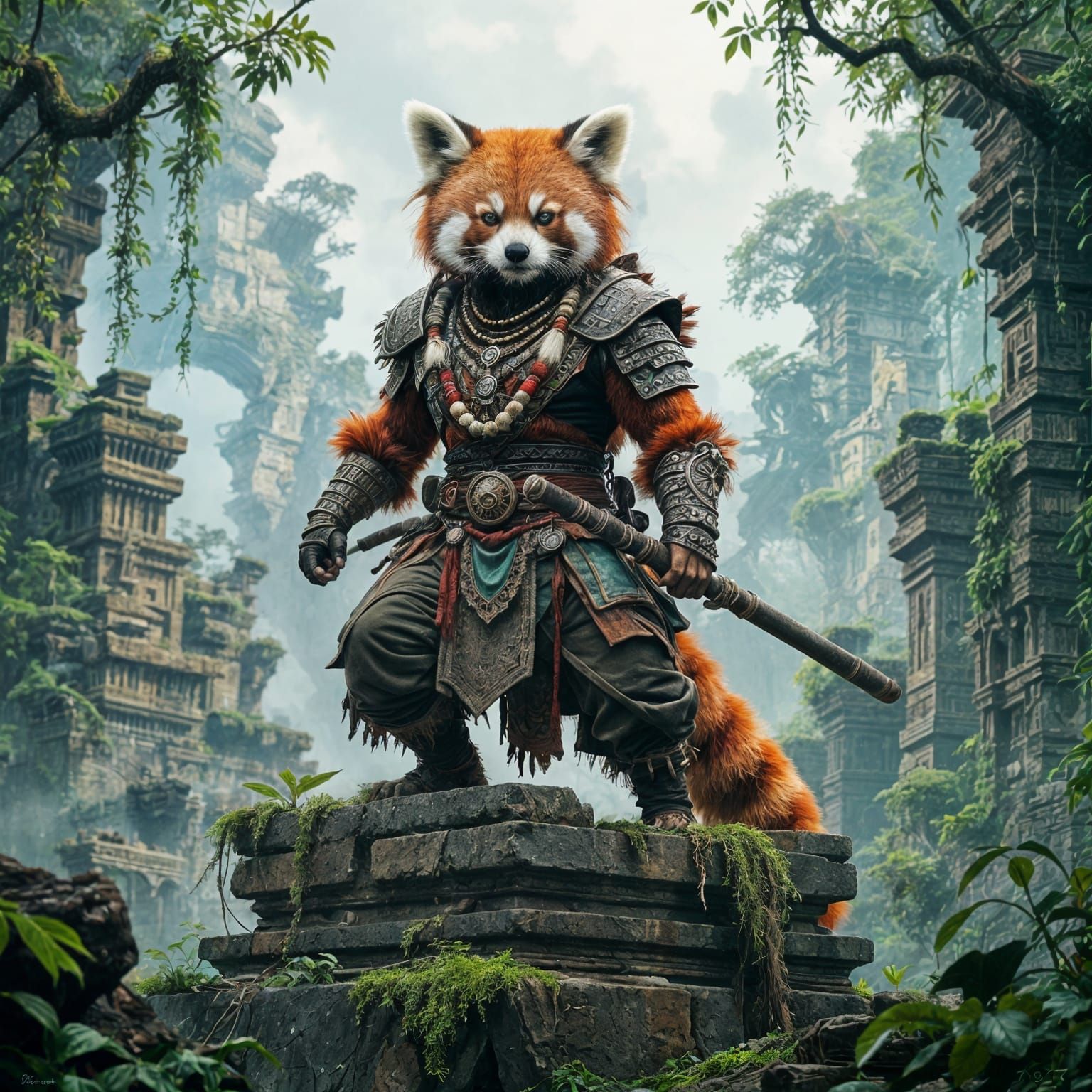 Red Panda Warrior on Ziggurat in Jungle City