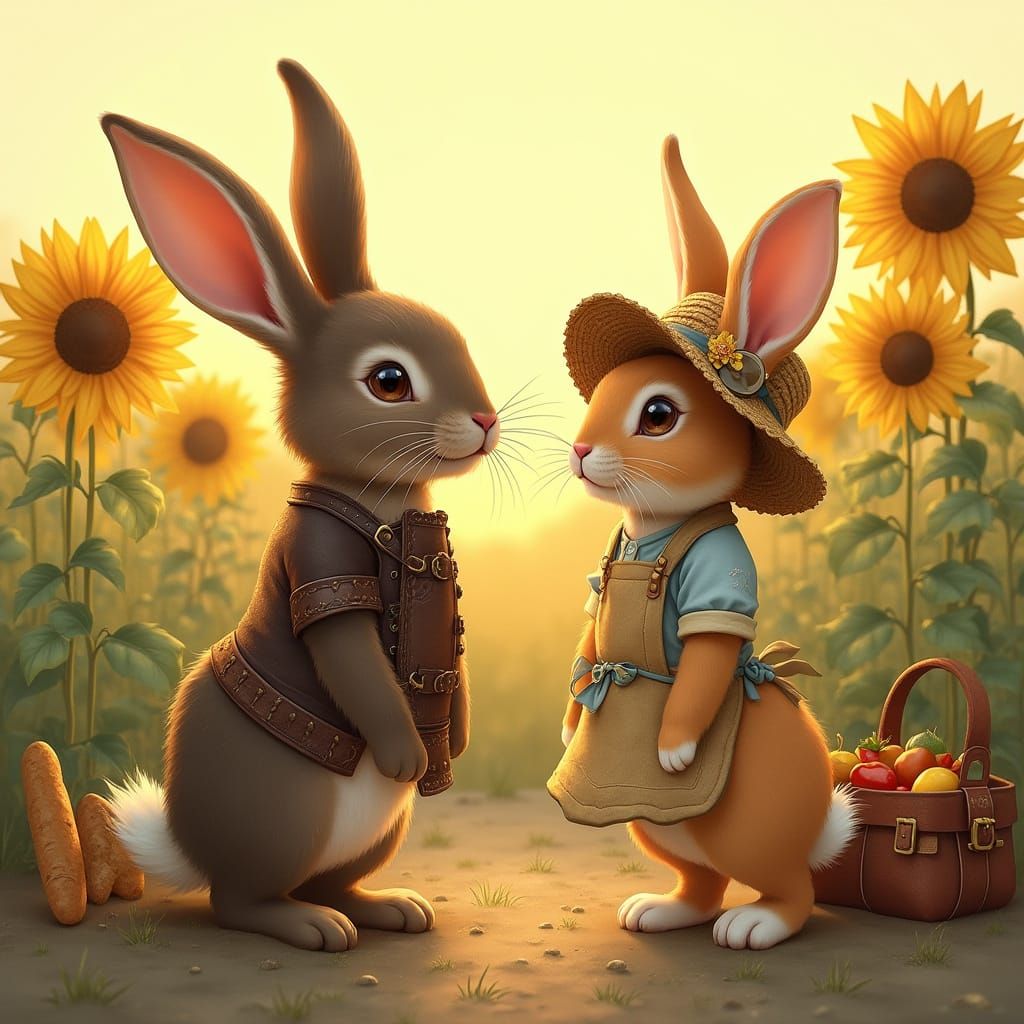 Two Bunnies in a Sunflower Field at Dusk