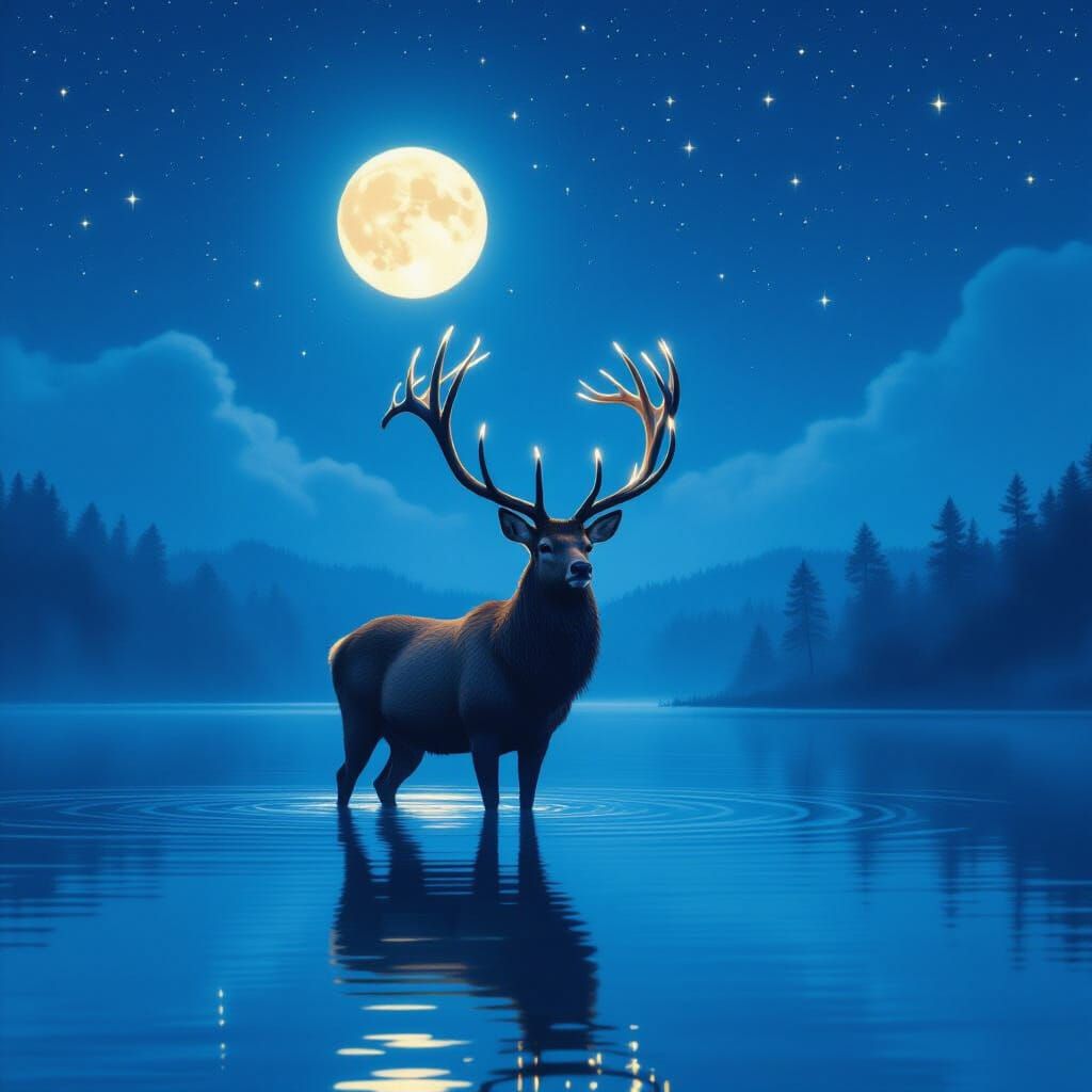 Ethereal Stag with Starry Antlers in Moonlit Lake