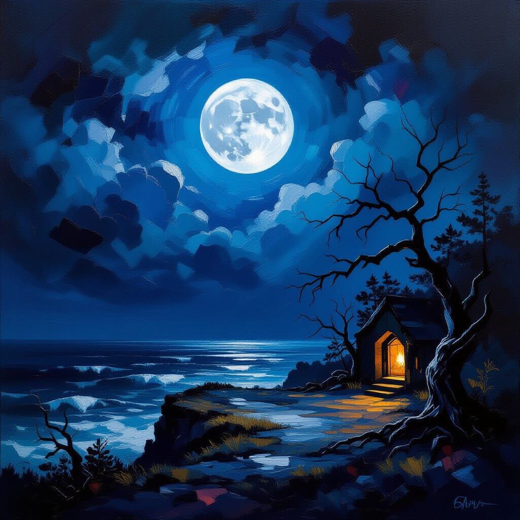 Expressive Oil Painting of Rabbi Under Moonlit Night Sky