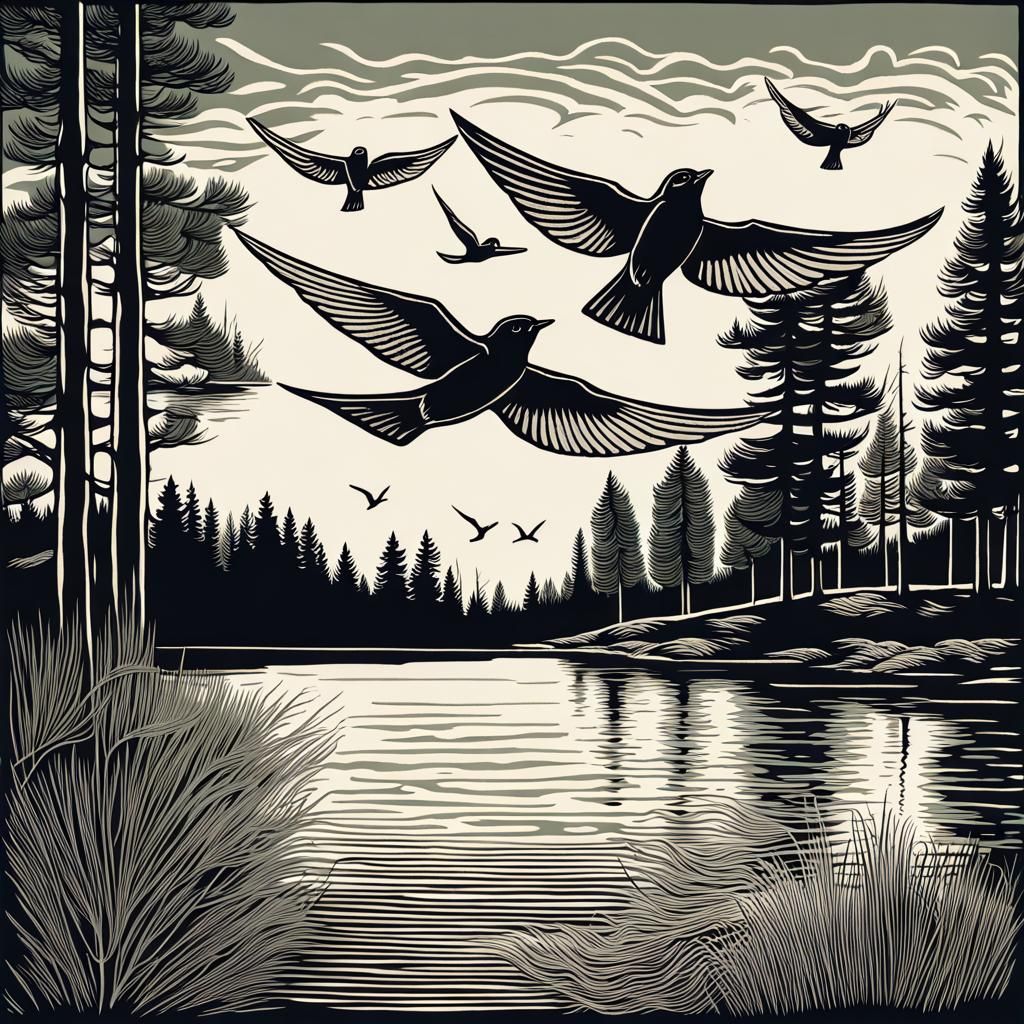 Swallows Over Lake in Linocut Style