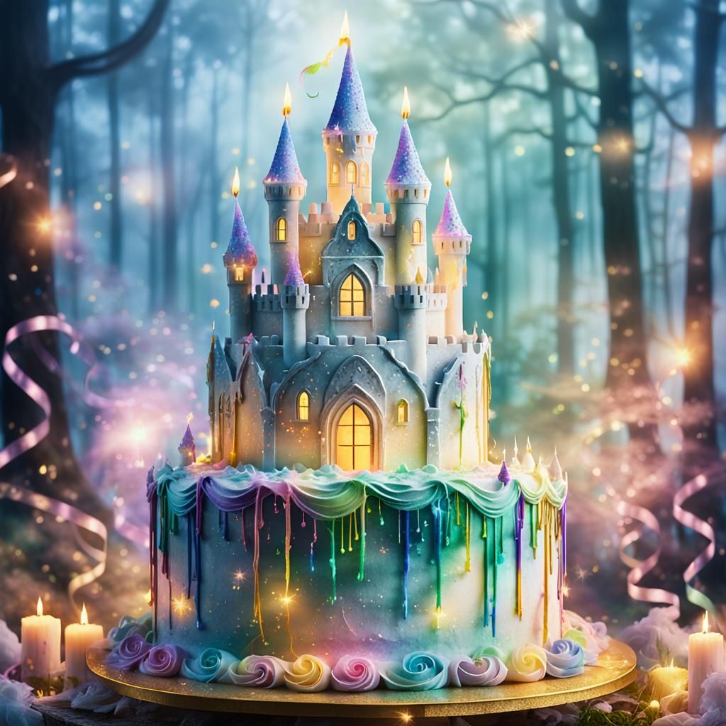 Enchanted Castle Birthday Cake in Watercolor Forest