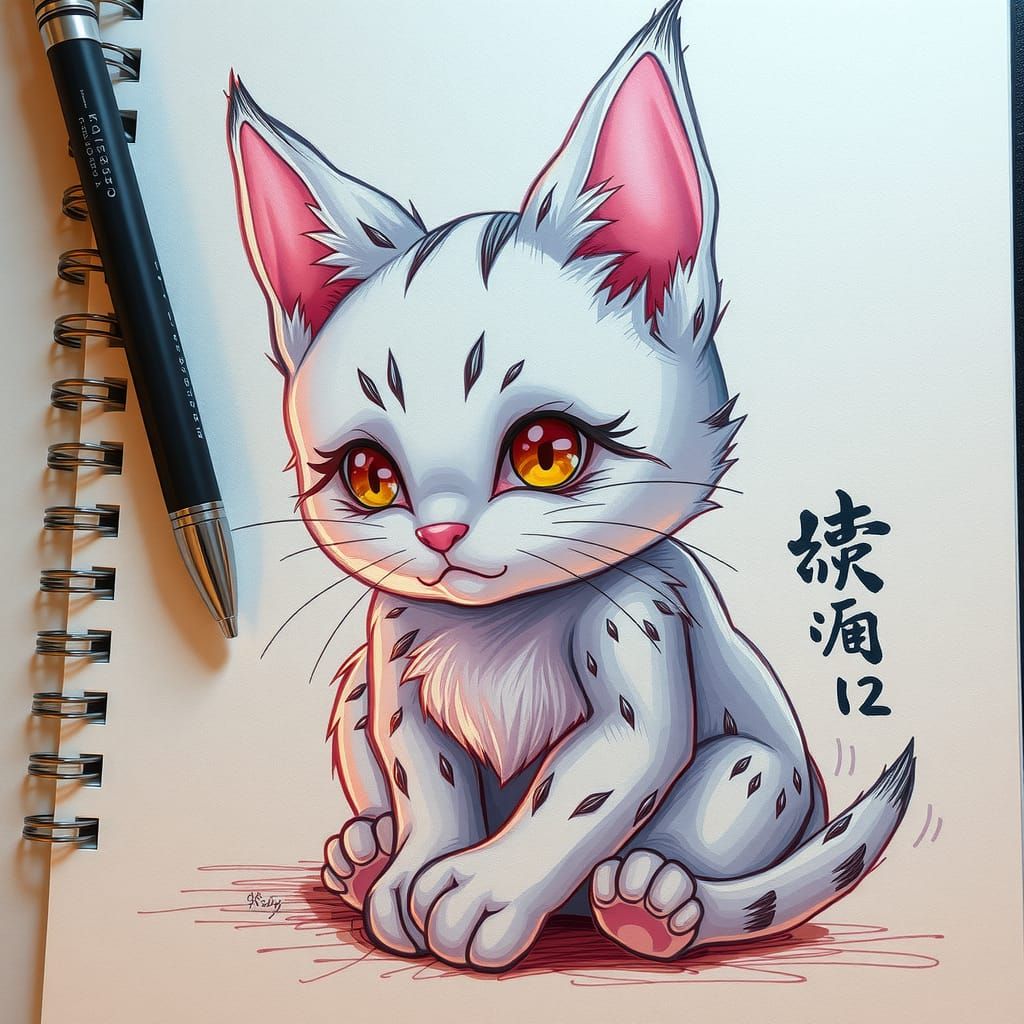 Detailed Anime Kitty Drawing in Notebook