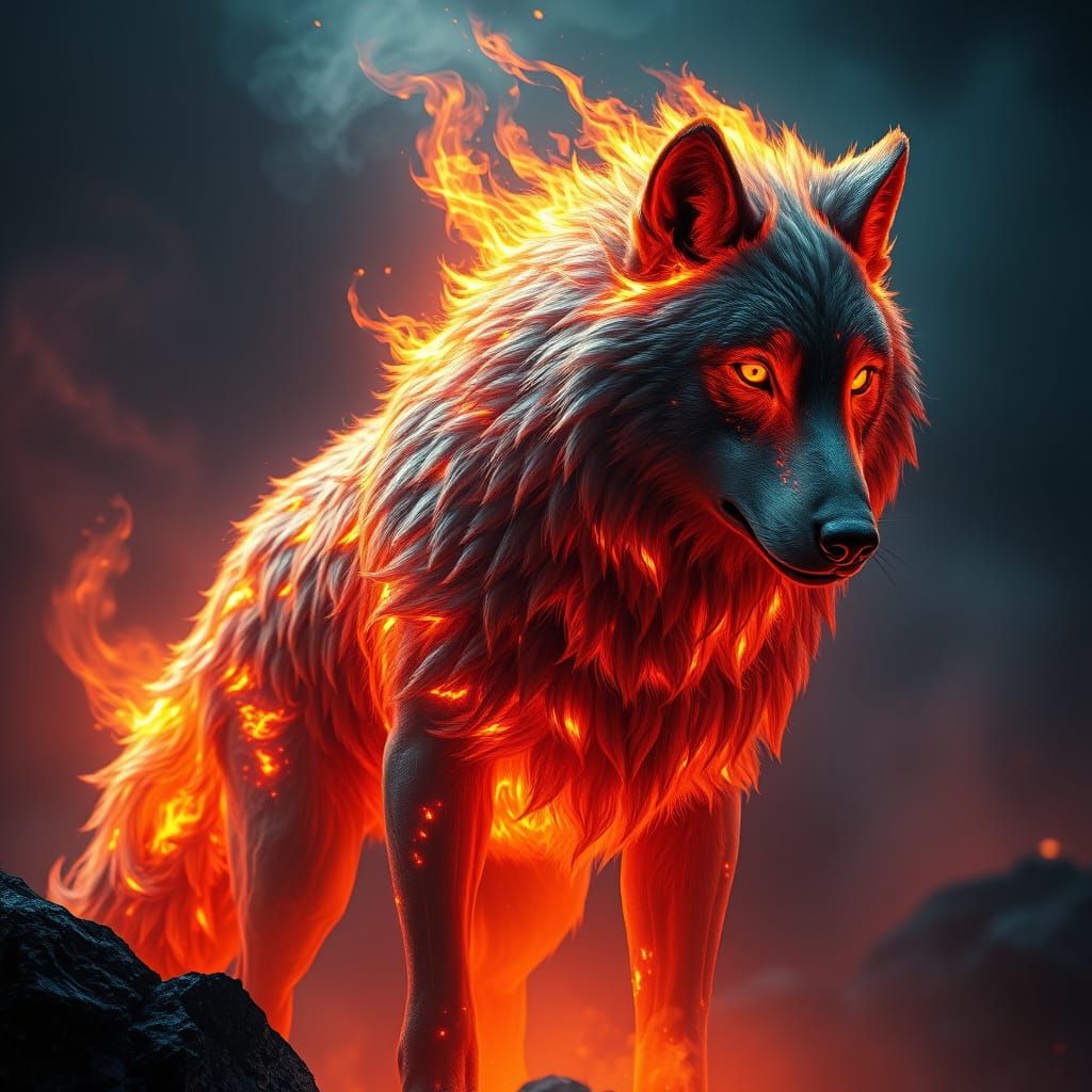 Fiery Wolf Majesty in Ethereal Realism
