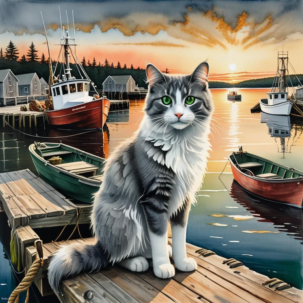 Fluffy Dock Cat in New England, Watercolor and Ink