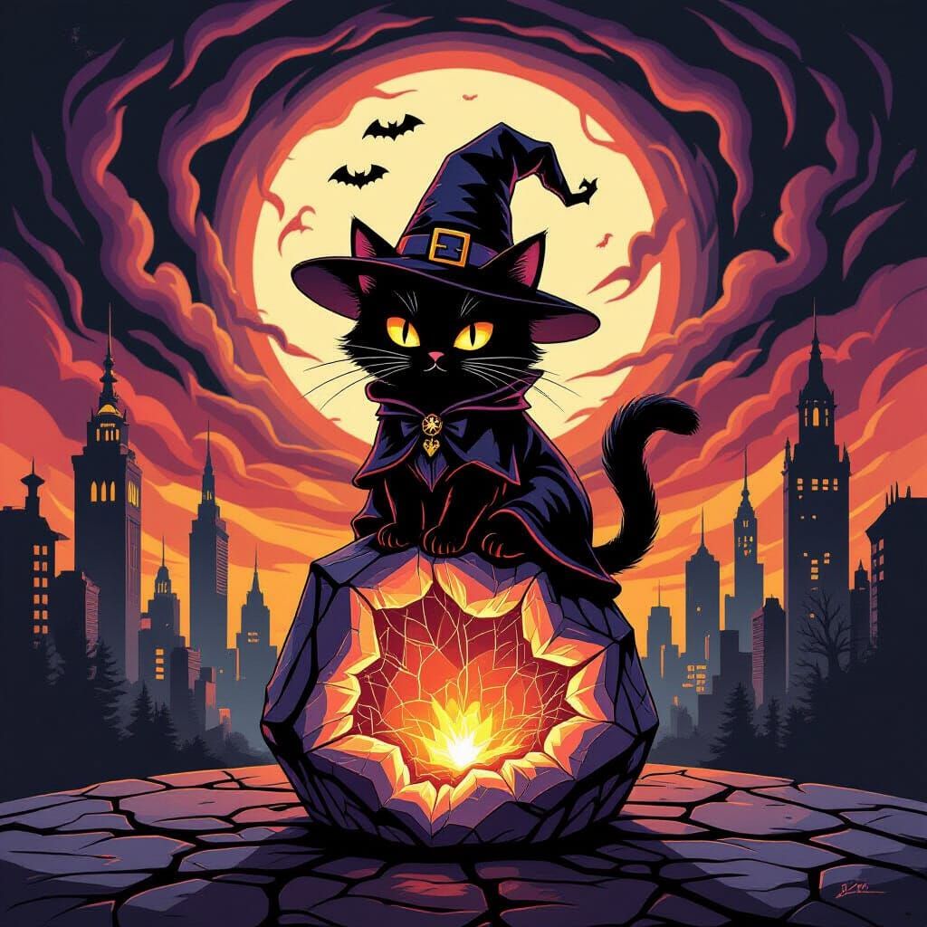 Gothic Witch Cat on Glowing Geode