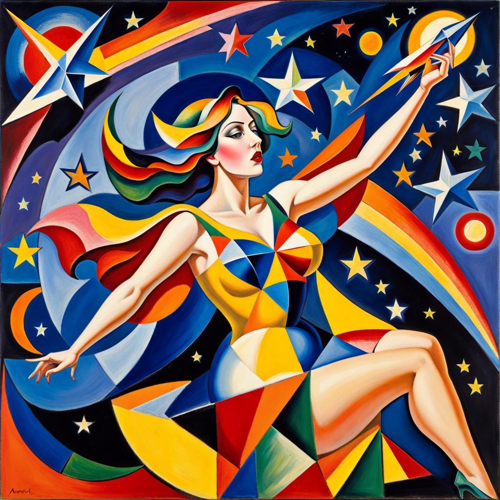 Celestial Goddess Catching Star in Cubist Fauvism