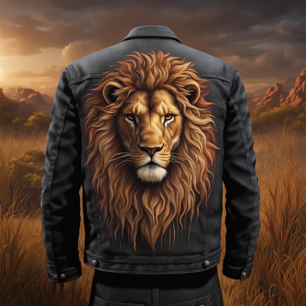 Lion on Denim Jacket: Embroidered Savannah Art