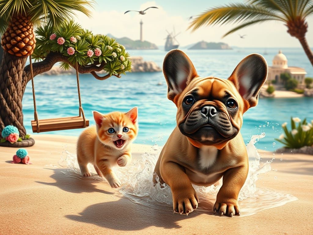 Joyful French Bulldog Puppy and Playful Ginger Kitty on Medi...