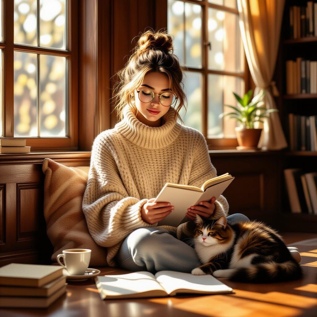 Cozy Library Corner with Girl and Cat