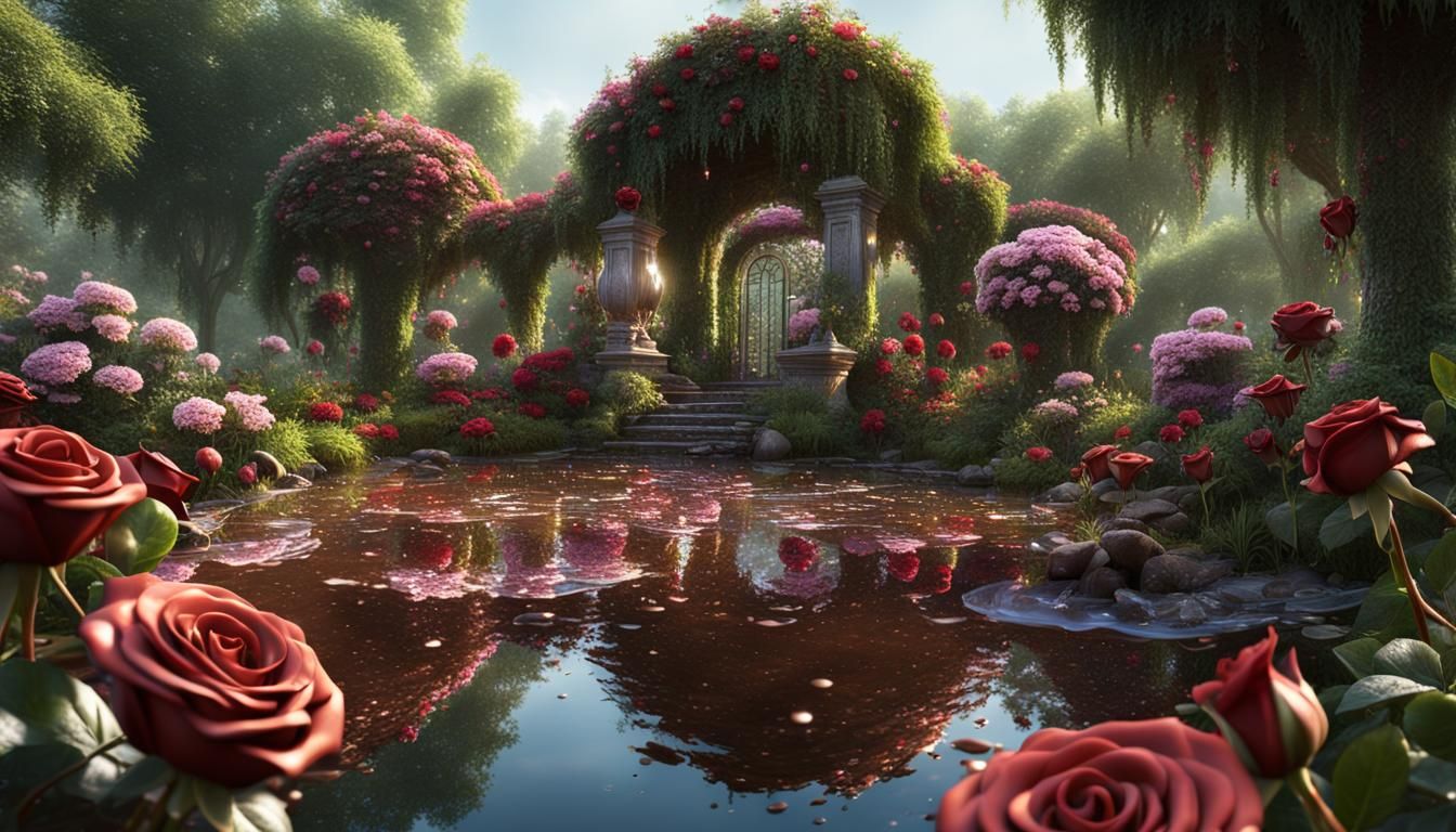 Photorealistic, hyper realistic garden. Chocolate rose bushes. Melting chocolate roses. Glistening dew drops. Dripping c...