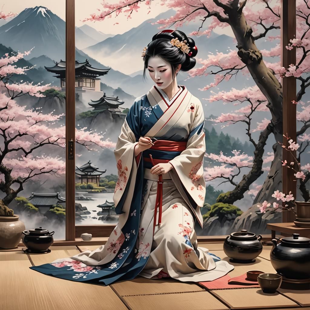 Geisha Tea Ceremony in Japanese Ink Style