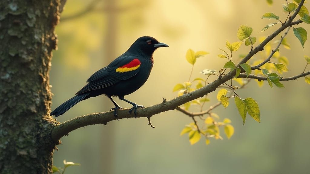 Redwing Blackbird Perched in a Misty Forest Tree