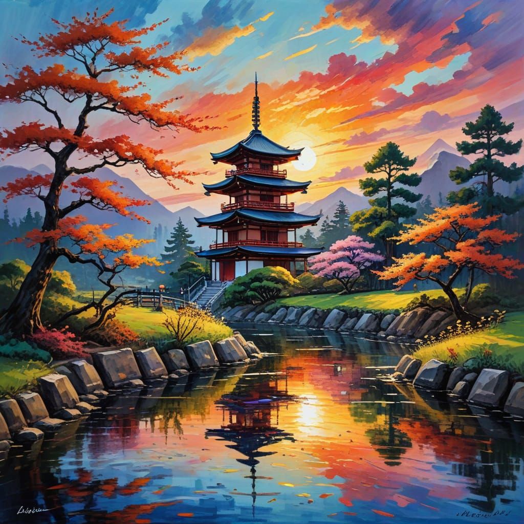 Japanese Temple at Sunset: Expressive Watercolor & Oil Paint...