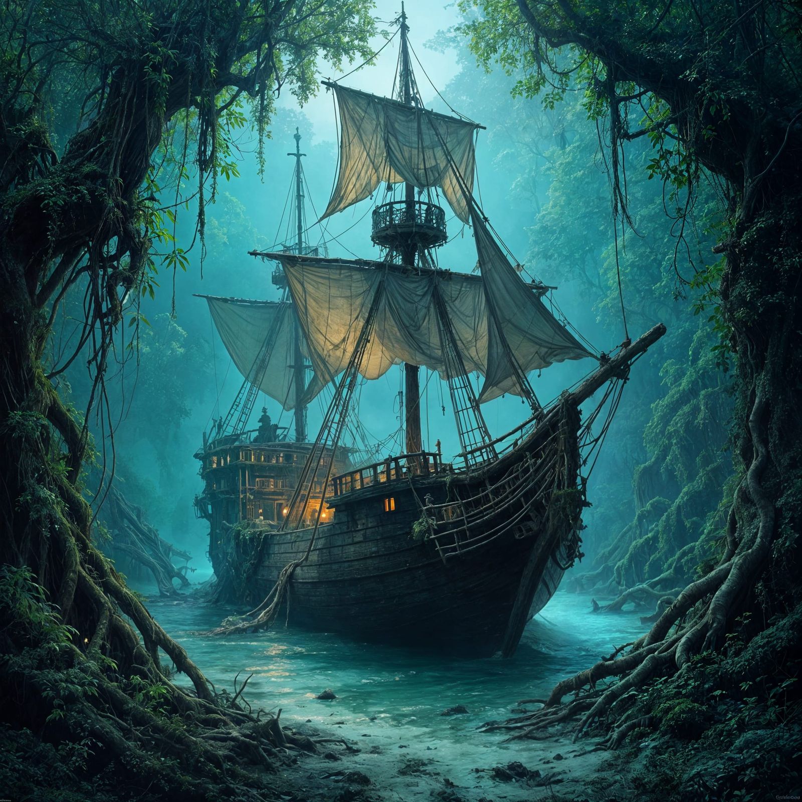 Pirate Ship Overtaken by Bioluminescent Mangrove Forest