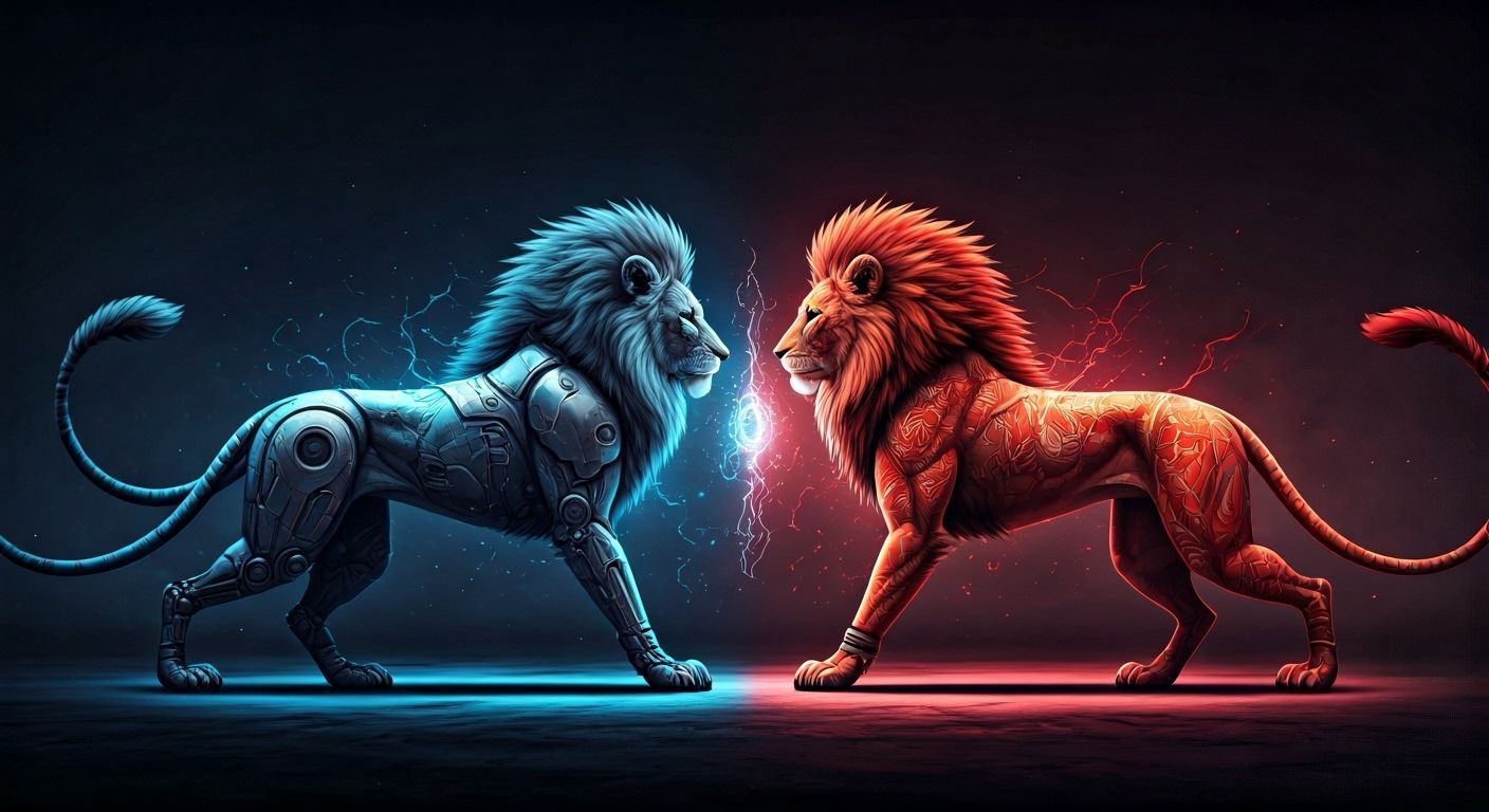 Cyberpunk Lionesses Face Off on Dark Battlefield