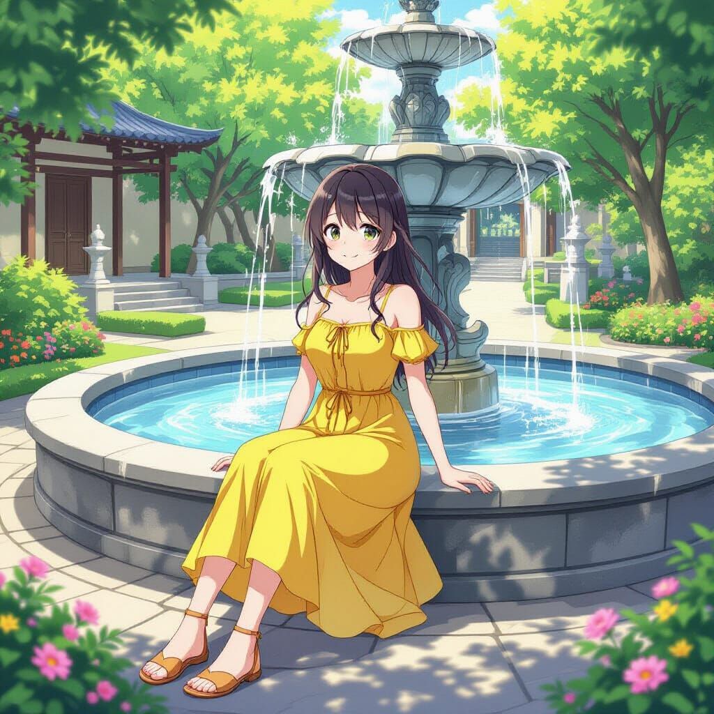 Anime Girl at Stone Fountain in Garden