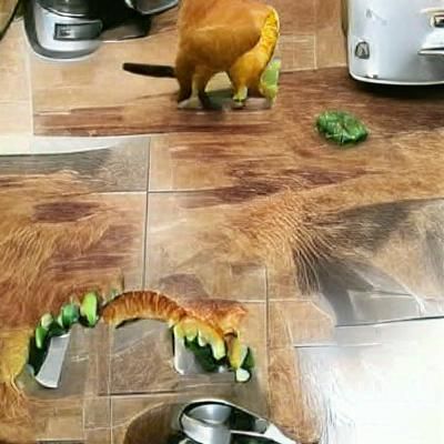Hungry Dinosaur Cat in Cartoon Style