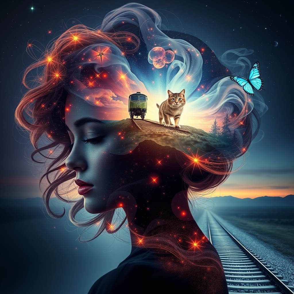 Surreal Woman Transforms into Cosmic Train Landscape