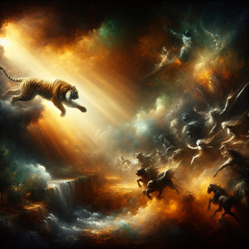 Tiger Emerges from Darkness into Sunlit Battle