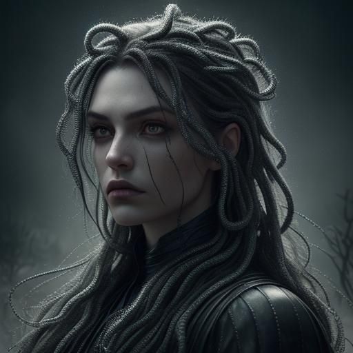 Eerie Woman with Snake Hair in Dark Fantasy Style