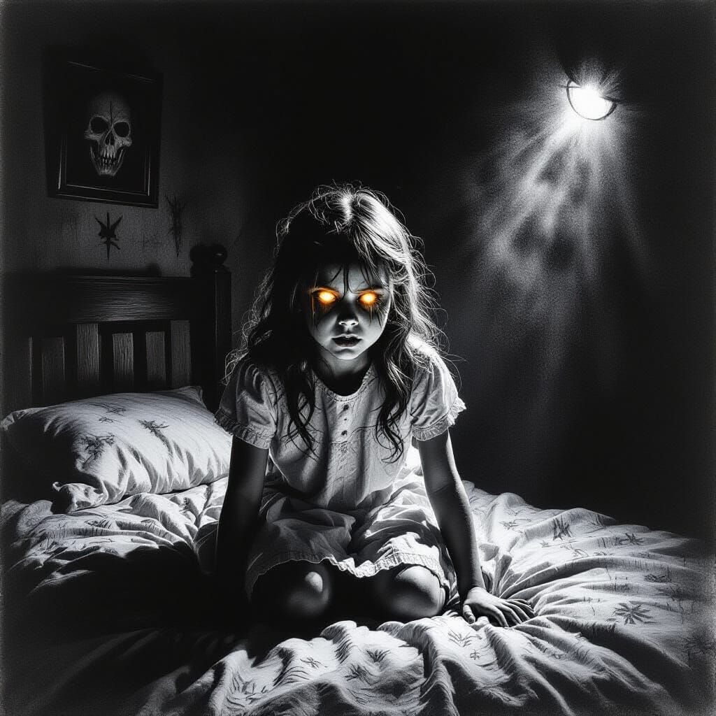 Haunted Bedroom Scene: Terrifying Pose, Glowing Eyes