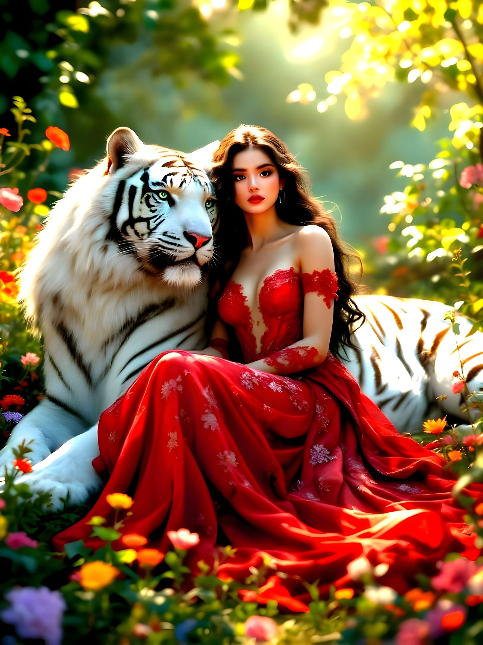 Regal White Tiger in Ethereal Forest Bond with Goddess