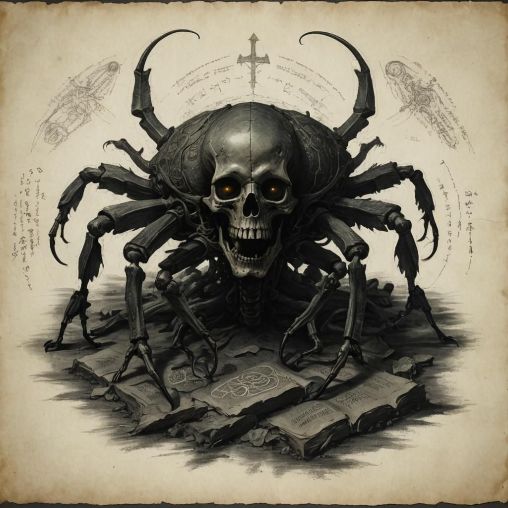 Lovecraftian Mutant Skeleton: Anatomical Drawing on Old Pape...