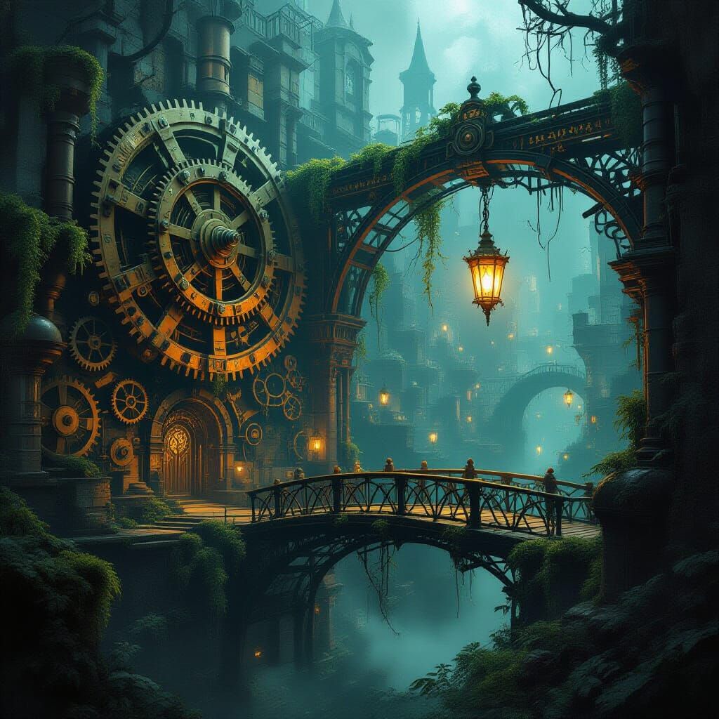 Lost Clockwork City in Dark Fantasy Style
