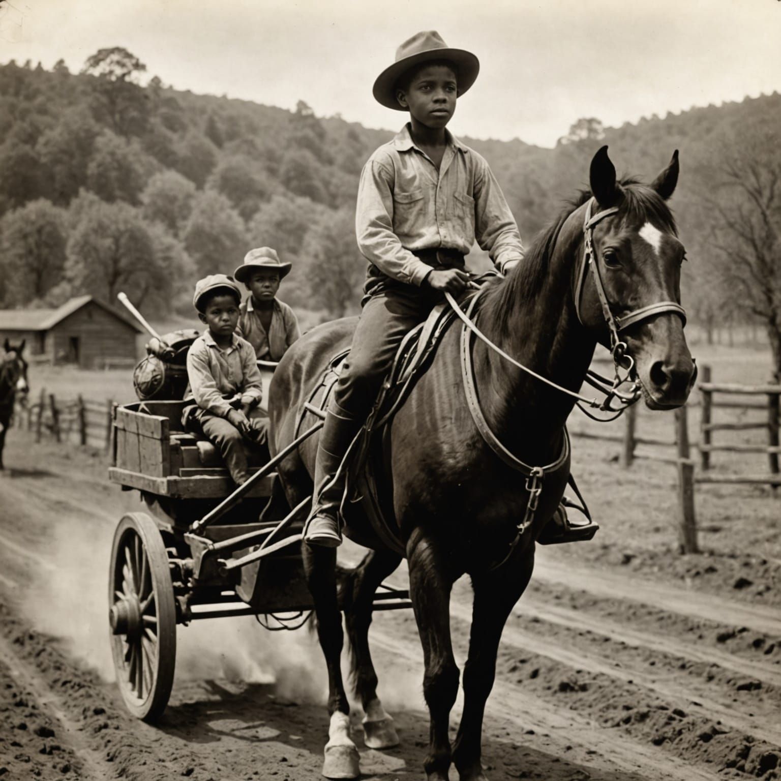 Young Boy Rides Horse: Silent Film Style