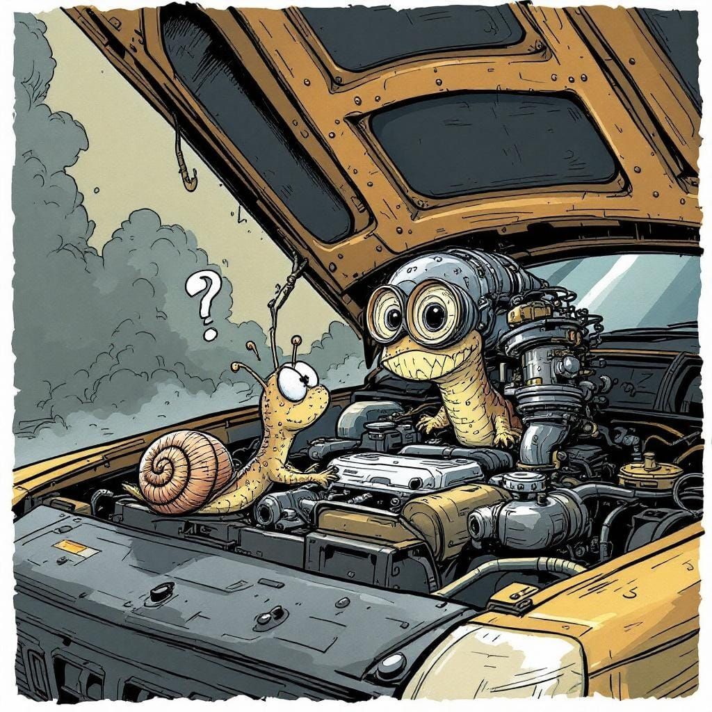 Curious Snail Mechanic Inspects Turbo: Comic Illustration